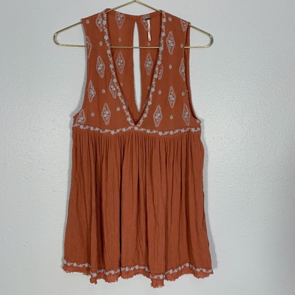 Free People Rust Orange Embroidered Sleeveless Tunic